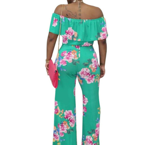 Flowered off shoulder fitted wide leg jumpsuit