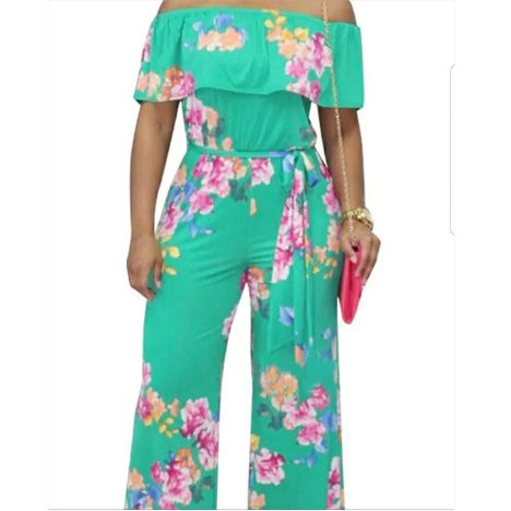 Flowered off shoulder fitted wide leg jumpsuit