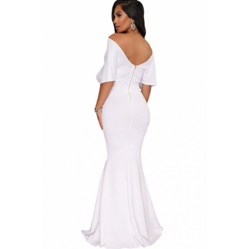 White Off Shoulder Zipper Sexy Mermaid Maxi Dress