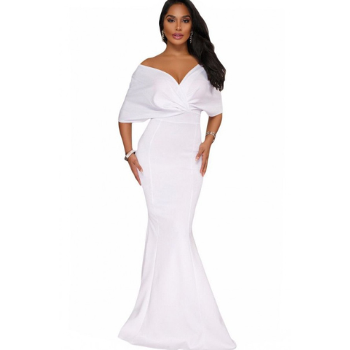 White Off Shoulder Zipper Sexy Mermaid Maxi Dress