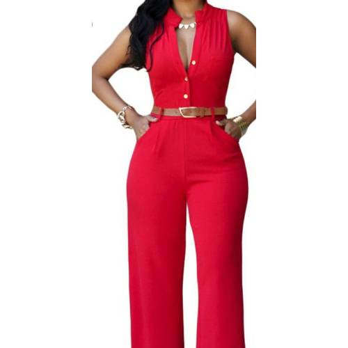Red belted wide leg jumpsuit