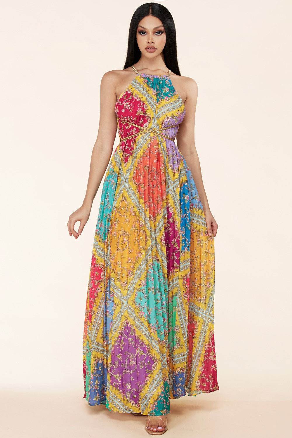 Vintage floral maxi dress with beautiful summery colors xy low-back.