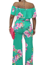 Load image into Gallery viewer, Flowered off shoulder fitted wide leg jumpsuit