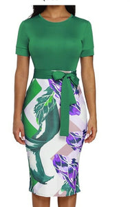 Green Floral Print Zipper Bodycon Dress