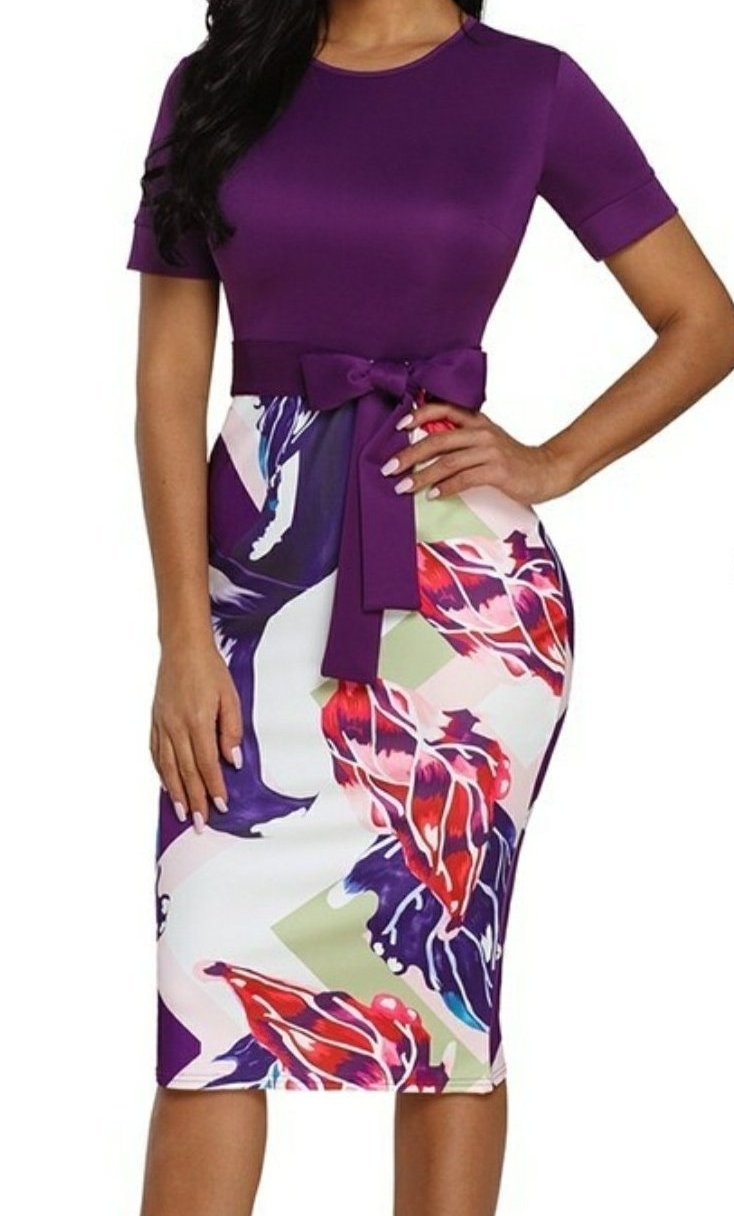 Purple Floral Print Zipper Bodycon Dress