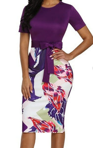 Purple Floral Print Zipper Bodycon Dress
